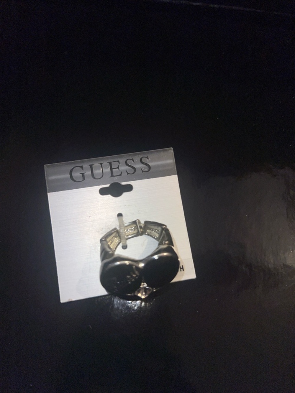 Guess Silver Ring with Black Heart Accent